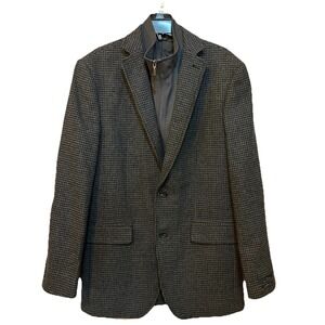 Marc Anthony Peacoat W/Bib Black‎ Gray Houndstooth Mens 40L Elbow Patch